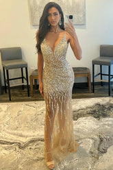 Long Mermaid Tulle Spaghetti Straps V-Ncek Backless Prom Dress