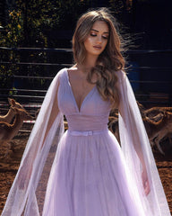Simple Long A-line V-neck Tulle Prom Dresses with Shawl
