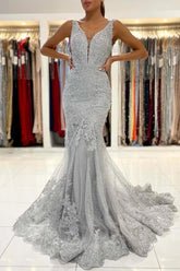 Long Mermaid V-neck Tulle Ruffles Lace Open Back Prom Dress