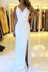 Elegant Long V-neck Backless Ruffles Mermaid Prom Dress With Side Slit