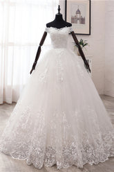 Long Ball Gown Off the Shoulder Tulle Wedding Dress with Lace Appliques