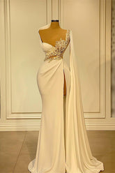 Long Mermaid Asymmetrical Ruffles Beading Satin Prom Dress With Slit