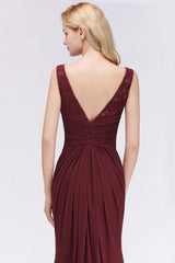 Long Mermaid Burgundy Chiffon Ruffles Evening Dress