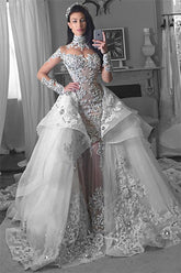 Glamorous Long Sleeves Tulle High Neck Mermaid Wedding Dresses with Detachable Overskirt