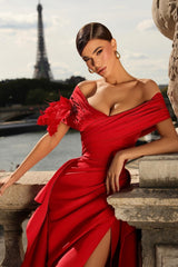 Red Mermaid Off The Shoulder V Neck Split Front Satin Long Prom Dress