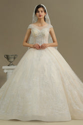 Luxury Long Ball Gown Tulle Lace Appliques Garden Wedding Dresses with Cap Sleeve