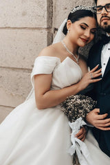 Plus Size Long A-line Off the Shoulder Open Back Wedding Dress with Ruffle