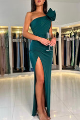 Simple Long Mermaid One Shoulder Satin Prom Dress with Front Split