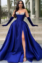 Royal Blue Long Sweetheart Satin Beaded Prom Dresses with Slit