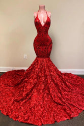 Long Mermaid Halter Spaghetti Strapes Floral Lace Backless Prom Dress