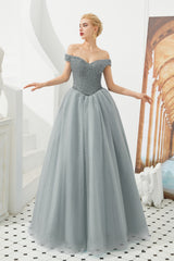 Long A-line Off the Shoulder Tulle Sequin Formal Dresses