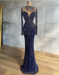 High Neck Long Sleeve Beded Floor Length Tulle Mermaid Formal Dress