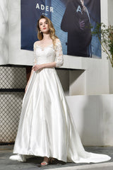 Long A-line Sweetheart Satin Lace Wedding Dresses with Half Sleeves