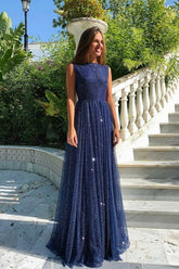 Long A-line Bateau Floor Length Sequins Ruffles Prom Dress With Sequins