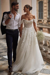 Chic Long A-line Off the Shoulder Floral Lace Tulle Backless Wedding Dress