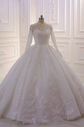 Classy Long Ball Gown High Neck Long Sleeve Appliques Lace Sequins Ruffles Wedding Dress