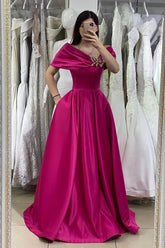 Long A-line Off the Shoulder Satin Formal Evening Dress with Pockets