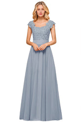 Dusty Blue Long A-line Cap sleeves Lace Bridesmaid Dresses with Appliques