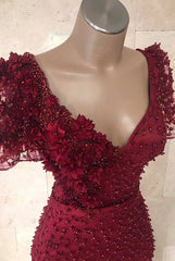 Chic Long Mermaid V-neck Burgundy Formal Evening Dresses with Sleeves