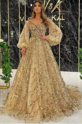 Long A-line V-neck Tulle Beading Formal Prom Dress with Sleeves