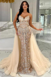 Mermaid Tulle Appliques Lace Long Strapless Prom Dress with Detachable Train