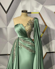 Long Mermaid Sweetheart Appliques Beading Satin Formal Dress With Side Train