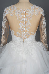 Long Tulle Lace Appliques Ruffles Ball Gown Wedding Dresses with Long Sleeve
