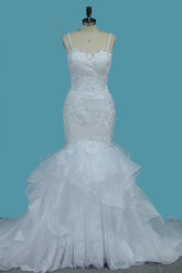 Long Spaghetti Straps Backless Floor Length Appliques Lace Tulle Mermaid Wedding Dress