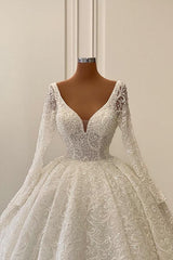 Charming V-neck Long Sleeves Ball Gown Floor Length Chapel Lace Wedding Dress