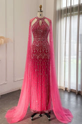 Long Mermaid Halter Beading Sequins Tulle Formal Prom Dresses with Tulle Shawl