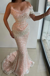 Strapless One Shoulder Long Mermaid Prom Dress with Sequins