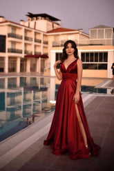 Long A-line V-neck Spaghetti Straps Backless Floor Length Ruffles Prom Dress With Split
