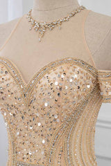 Charming Long Bateau Off the Shoulder Sequins Beading Mermaid Tulle Prom Dress