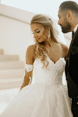 Elegant Off the shoulder Sweetheart Tulle Ball Gown Long Wedding Dress with Sleeves