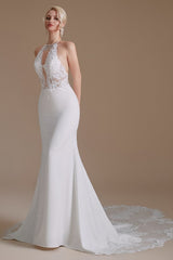 Long Mermaid Halter Backless Satin Wedding Dresses with Appliques Lace