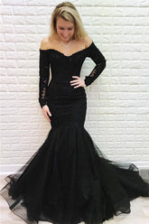 Long Black Off the Shoulder Appliques Mermaid Prom Dress with Sleeves