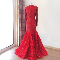 V-neck Long Sleeve Appliques Lace Floor Length Mermaid Prom Dress