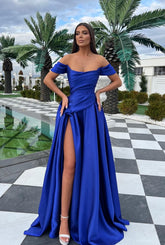 Royal Blue Long Off The Shoulder A-line Floor Length Satin Prom Dress with Split Front