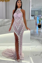 Long Mermaid High Neck Tulle Evening Prom Dresses with Slit