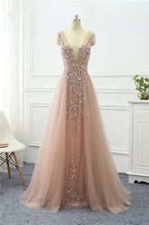 Long V-neck A-Line Tulle Ruffles Sequins Beading Prom Dress With Lace