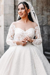 Ball Gown Off the Shoulder Sweetheart Satin Lace Long Wedding Dress with Sleeves
