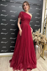 Simple Burgundy Long A-line One Shoulder Glitter Tulle Prom Dress with Slit
