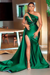 Plus Size Long Mermaid One Shoulder Satin Formal Dress with Slit