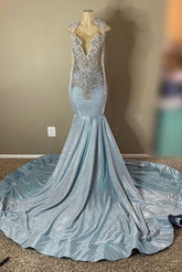 Sparkle Long Mermaid Appliques Lace Backless Prom Dress with Beads
