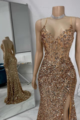 Mermaid Long Spaghetti Straps V Neck Backless Prom Dress with Slit
