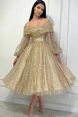 Glitter Short A-line Off the Shoulder Formal Party Dresses with Sleeves