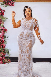 Plus Size Lace Up Mermaid Lace Long Sleeve Floor Length Wedding Dress
