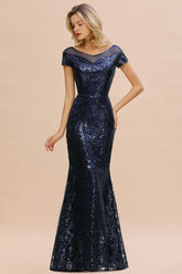 Elegant Long Mermaid Jewel Tulle Sequined Formal Prom Dress