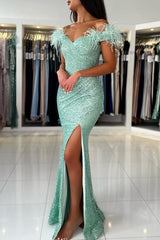 Elegant Long Mermaid Off the Shoulder Glitter Formal Prom Dresses with Slit