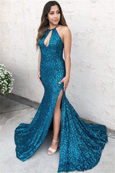 Long Halter Sequined Mermaid Backless Prom Dress with Slit